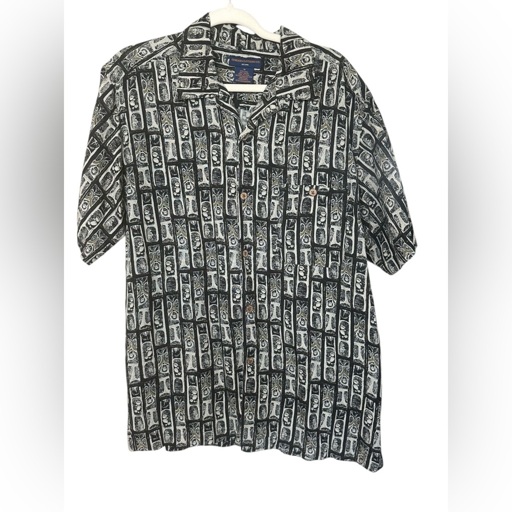 Gordon Clothing Co Men’s Medium Linen Blend Camp Shirt Black White Button Up
